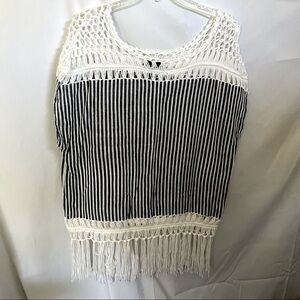 Steve Madden OSFM Fun Swimsuit Coverup or Tunic Navy/White Stripe, Crochet Neck